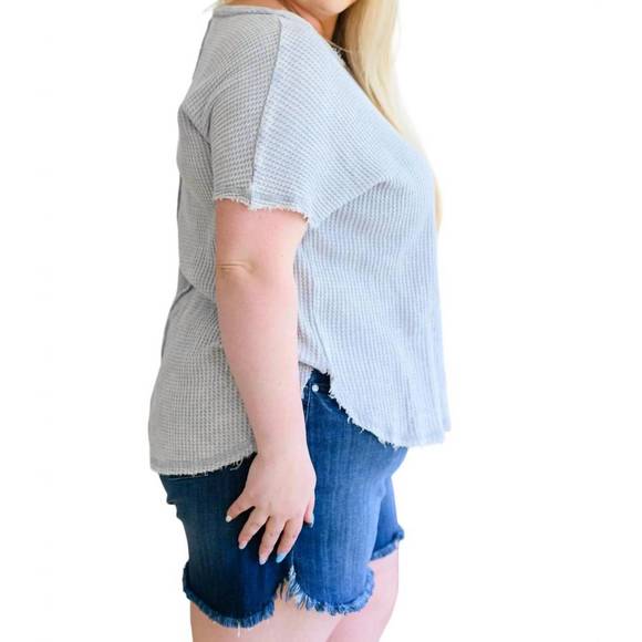 NEW ZENANA a wink and a smile waffle knit top in light grey - Picture 6 of 8